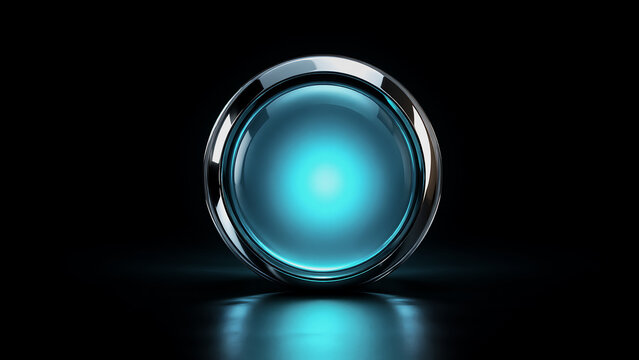 Shiny blue button with chrome ring glowing in dark room producing reflection on surface.