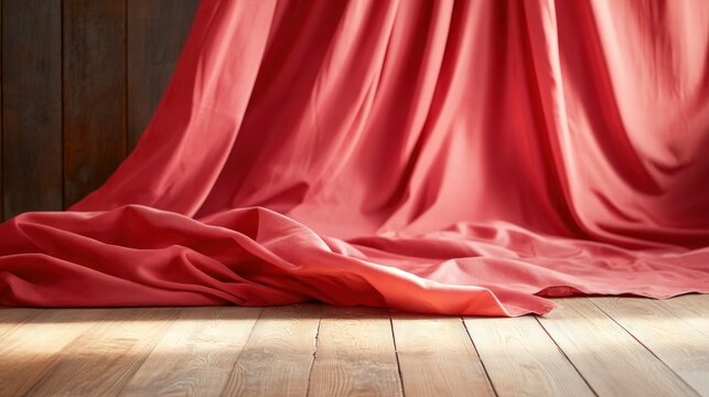 Red fabric draping over wooden surface