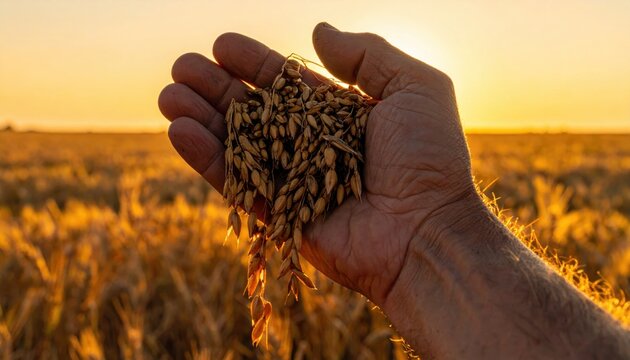A sunlit hand holding a bunch of raw wheat stalks in a golden grain field during the harvest season.