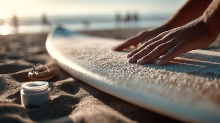 Obraz premium A surfer prepares their board on the sand with hands brushing off sand. In the background, people enjoy the beach as the sun sets. The atmosphere is lively and focused on surf culture