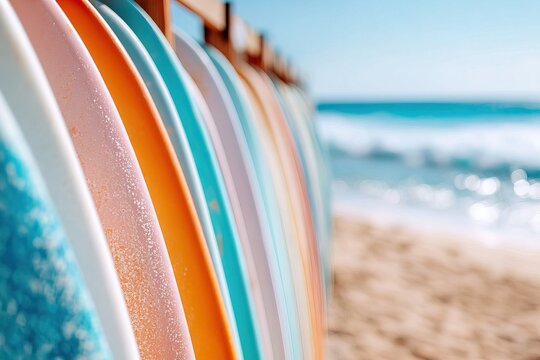 Surfboards of different colors are set against a wooden fence on the beach. Waves crash onto the shore while the sun shines brightly in the clear sky