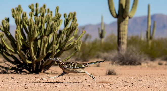 A roadrunner runs through a desert landscape with cactus plants and mountains.