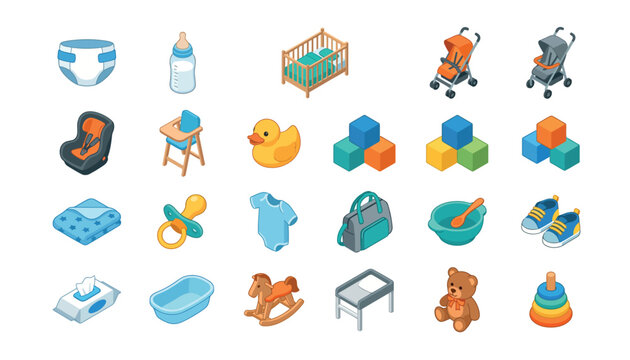 Collection of isometric baby care and infant items, including a diaper, bottle, crib, stroller, and toys.
