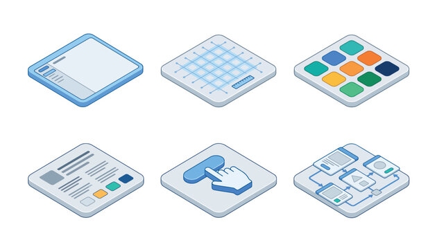 Set of six isometric icons representing digital interfaces, data, and user interaction elements.