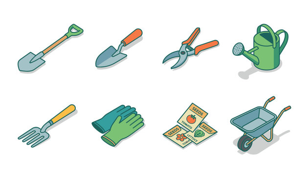 Collection of isometric gardening tools and supplies, including a shovel, trowel, pruners, watering can, fork, gloves, seed packets, and wheelbarrow.