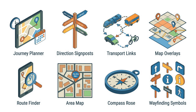 Collection of isometric icons representing navigation, travel planning, and location services, including maps, signposts, compass, and route finders.