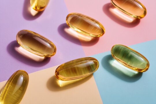 Omega capsules are placed in a top view arrangement on a colorful surface. The capsules vary in color and show the shape common for supplements. They are used for health and nutrition
