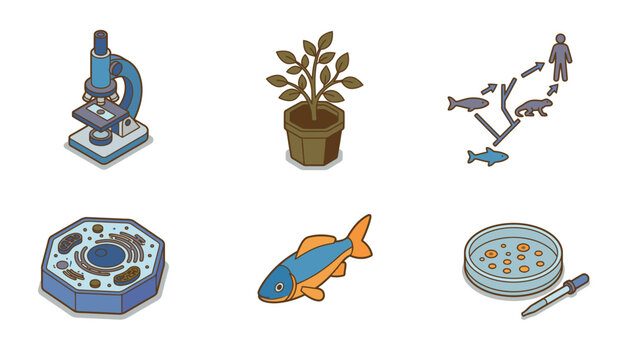 Collection of scientific icons representing biology, evolution, and research, including a microscope, plant, evolutionary tree, cell, fish, and petri dish.