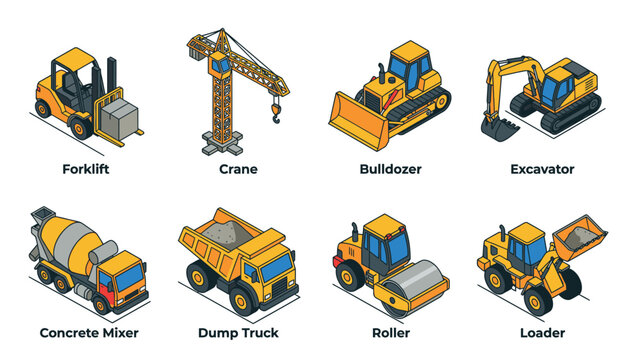Collection of isometric construction vehicles including forklift, crane, bulldozer, excavator, concrete mixer, dump truck, roller, and loader.