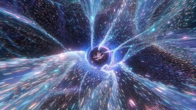 Bright cosmic streams forming abstract swirling pattern on dark background, concept of space expansion growth