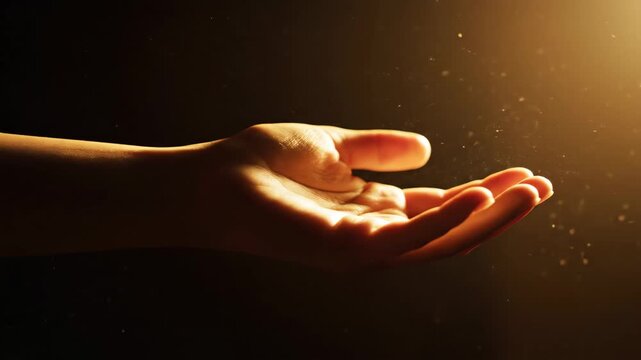 Human hand reaching out in a dusty golden sunbeam