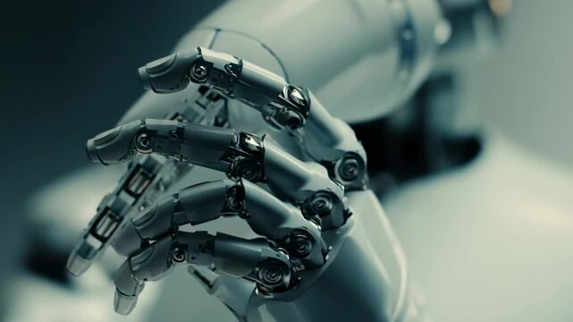 Human hand touches a robotic hand to explore interaction between man and machine in a bright lab setting