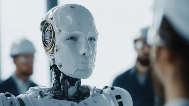 Advanced humanoid robot interacts with engineers in a tech lab during morning hours