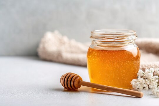 A jar filled with golden honey sits on a clean surface. A honey dipper rests beside the jar. Soft natural light highlights the jar and honey, creating a simple scene