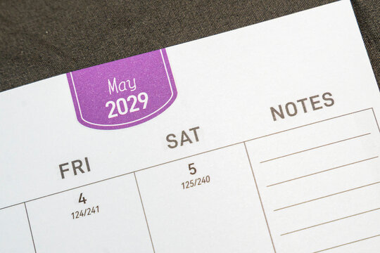 A close-up of a calendar page showing May 2029 with Friday and Saturday dates highlighted. Useful for planning, scheduling, or organization concepts.