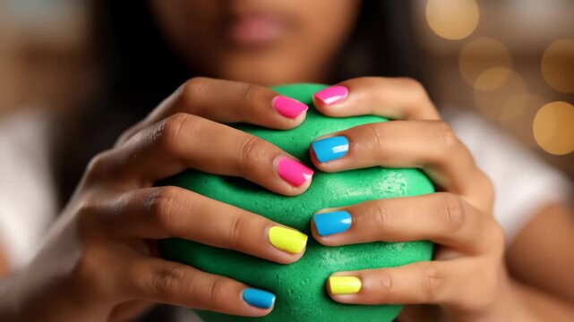 Woman with colorful manicure squeezing green anti stress ball