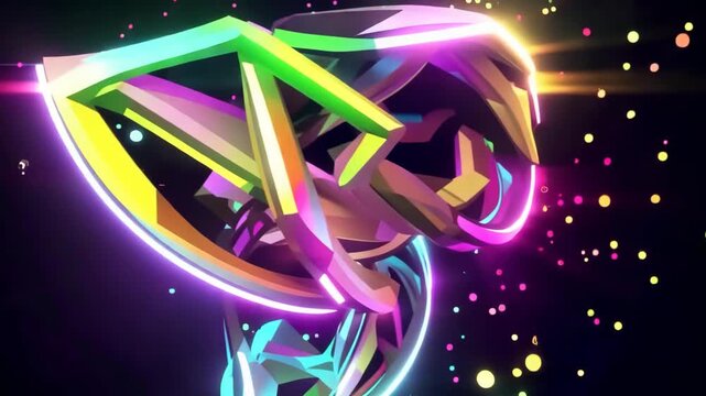 Vibrant 3d abstract shape with glowing neon lights and colorful sparks in space