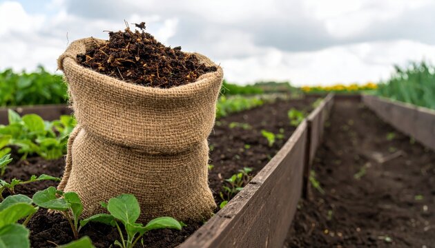 A burlap sack filled with nutrient rich insect frass fertilizer standing in a garden plot with rows of growing crops for sustainable agricultural soil enrichment.