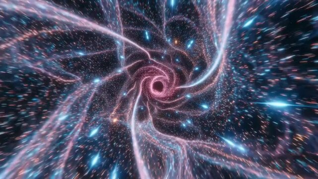 Colorful cosmic vortex with glowing streams in abstract style on dark background, concept of space energy flow
