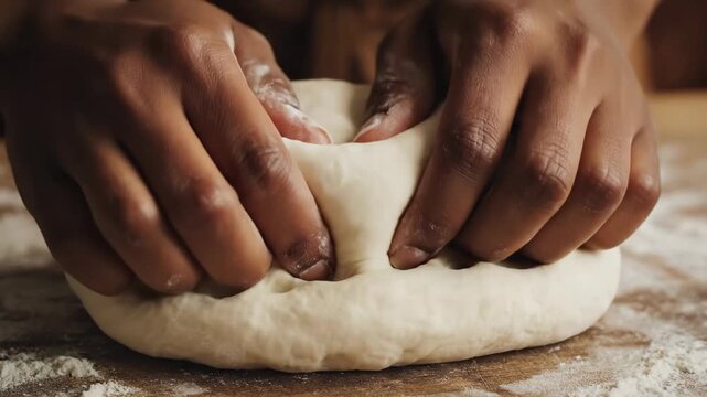 Black woman's hands kneading bread dough