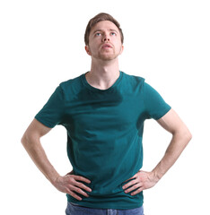 Fototapeta premium Man suffering from sweating on white background