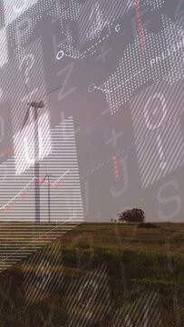 Vertical video: Data overlay fading in, covering turbines with charts, grids showing energy trends