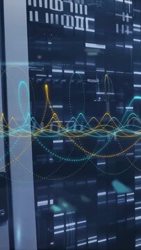 Vertical video: Network pulse driving hologram waveform, rippling across glass rack for monitoring