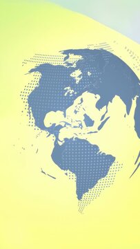 Vertical video: On play globe rotating and tilting, revealing continents, halftone dots shifting