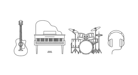 Fototapeta premium A set of musical instruments and headphones on a for music or audio concepts, Generative AI.