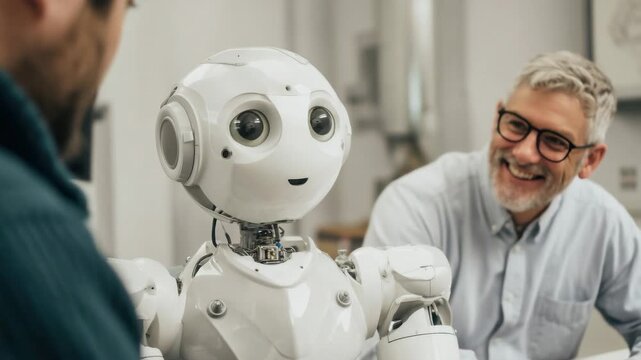 Man discusses technology with friendly robot in a modern workspace