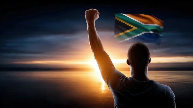 African man showing a raised fist in silhouette with a South Africa flag waving in the sky during a dramatic sunset, symbolizing freedom, justice, and human rights. Nelson Mandela Day