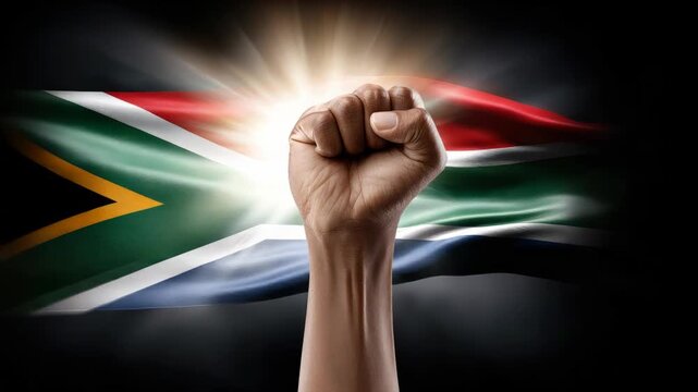 Dark skinned hand raised in a clenched fist before the radiant South African flag, symbolizing Nelson Mandelas legacy, solidarity, and the ongoing fight for freedom and equality. Nelson Mandela Day