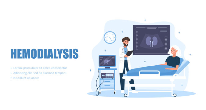 Hemodialysis concept. Ultrasound by male doctor for kidney treatment. Vector illustration in flat cartoon style.