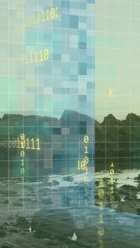 Vertical video: Grid overlay sparking pixel blocks rising and 0s1s streams falling, lighting rocks