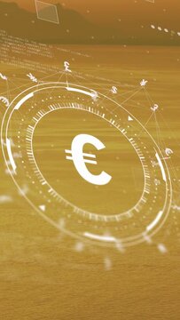 Vertical video: On start euro HUD rotating, orbiting glyphs aligning nodes to show currency network