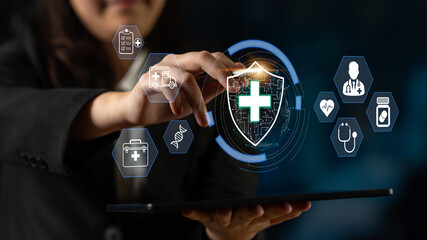 Businesswoman interacting with digital health icons on a tablet, showcasing technology, healthcare innovation, and data security in a modern setting Quark.