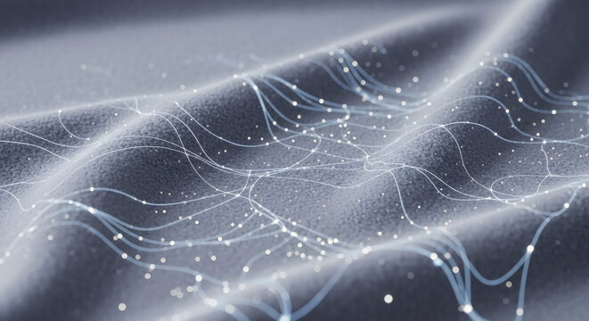 Soft textile fabric texture with minimal digital data lines and glowing tech points