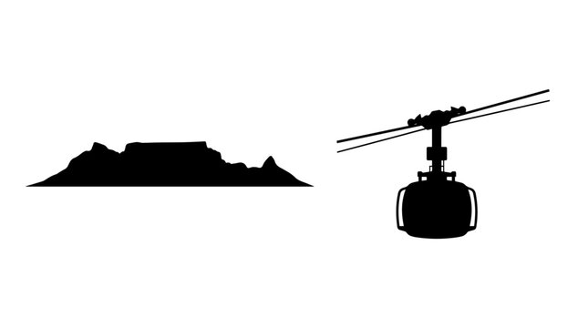 Vector silhouette of Table Mountain with cable car system, iconic South African landmark, cultural heritage, scenic travel art