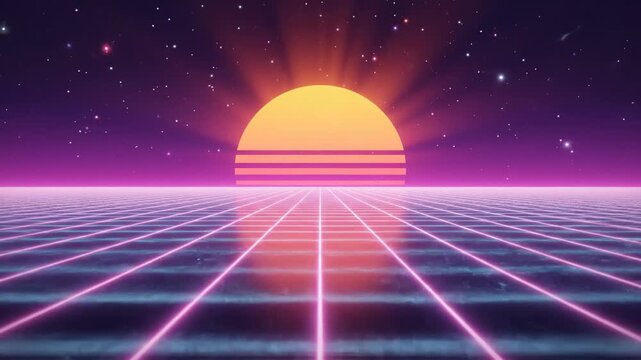 Retrowave sunset over neon grid landscape
