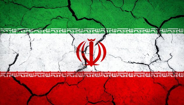 Iranian national flag with green, white, red stripes, central emblem, Kufic script borders, cracked textured surface, aged distressed appearance.