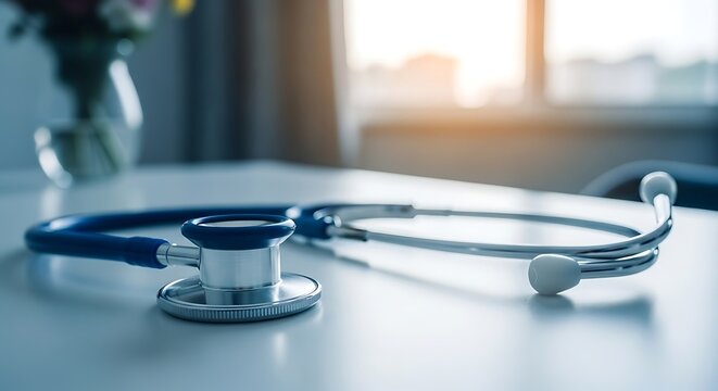 Medical stethoscope resting on clean office desk near window