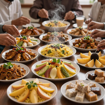 Realistic Eid Sugar. A 16:9 Food Photography Captures A Warm, Festive Sharing Of Traditional Eid Cuisine