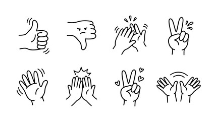Set of hand gesture icons showing various signs including thumbs up, peace, clapping, and waving. © Kai_
