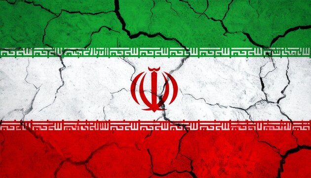 Iranian national flag with green, white, red stripes, central emblem, Kufic script borders, cracked textured surface, aged distressed appearance.