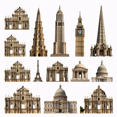 Fototapeta premium Photorealistic Travel International. A World Landmarks Photo Collage On A White Background, Showcasing Tourism And Study Around The Globe