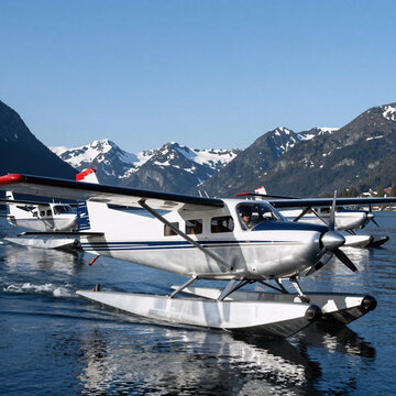 Metallic Sea Plane. Planes Flying Over Juneau, Alaska'S Coastline