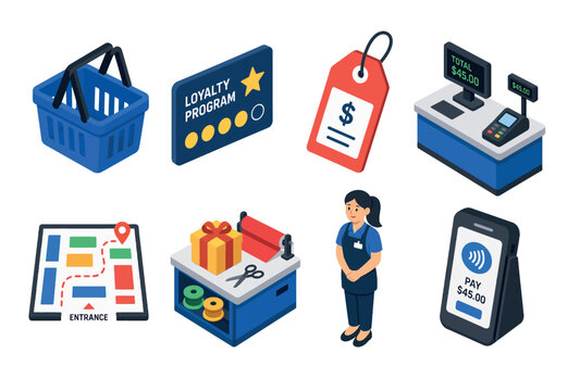 Colorful retail shopping and checkout icons showing basket, loyalty card, tags and kiosk.