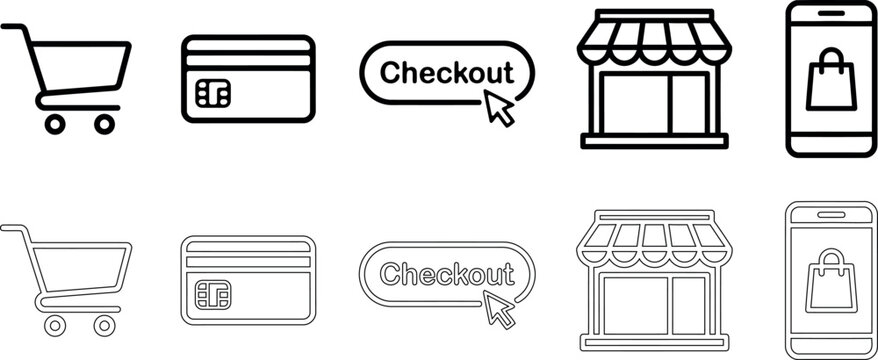 Set of ecommerce and online shopping icons, including shopping cart, credit card, checkout button, store, and mobile app