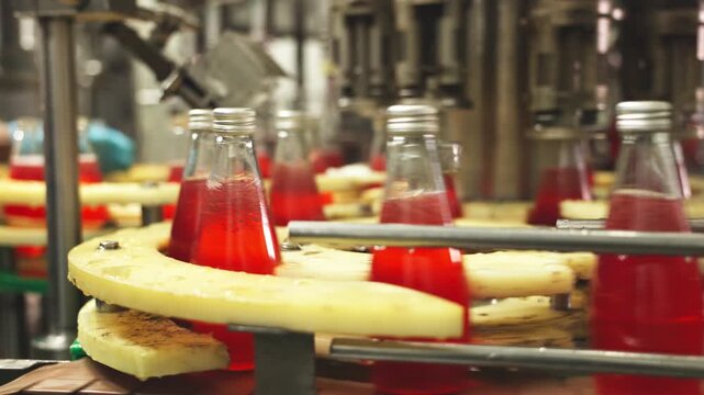 Close-up of industrial bottling equipment precisely filling glass containers with liquid during high-speed beverage production process in factory