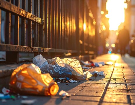 Urban sunset litter on sidewalk